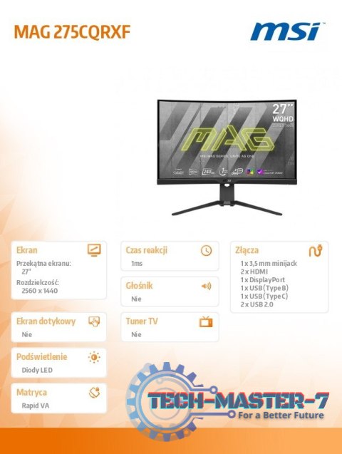 Monitor 27 cali MAG 275CQRXF LED/QHD/Curved/240Hz/czarny Monitor 27 cali MAG 275CQRXF LED/QHD/Curved/240Hz/czarny