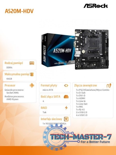 Płyta główna A520M-HDV AM4 2DDR4 HDMI/DVI/VGA M.2 mATX Płyta główna A520M-HDV AM4 2DDR4 HDMI/DVI/VGA M.2 mATX