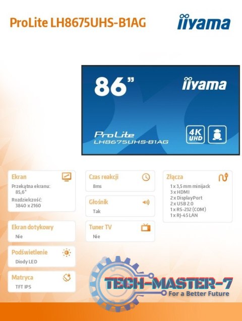 Monitor 85.6 calowy LH8675UHS-B1A, 24/7,IPS,ANDROID.11,4K,500cd/m2,WiFi,3xHDMI,DP,Daisy/Chain,2xUSB,2x10W,RJ45,iiSignage2,FailOv Monitor 85.6 calowy LH8675UHS-B1A, 24/7,IPS,ANDROID.11,4K,500cd/m2,WiFi,3xHDMI,DP,Daisy/Chain,2xUSB,2x10W,RJ45,iiSignage2,FailOv