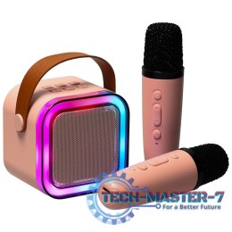 Zestaw do karaoke 2 mikrofony + głośnik przenośny BLUETOOTH USB LED różowy