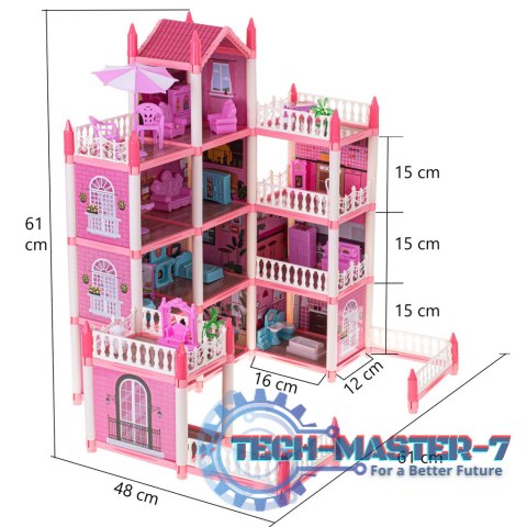 Domek dla lalek willa różowa DIY 4 poziomy mebelki 61cm Domek dla lalek willa różowa DIY 4 poziomy mebelki 61cm