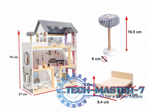 Domek dla lalek drewniany MDF mebelki 78cm czarny LED Domek dla lalek drewniany MDF mebelki 78cm czarny LED