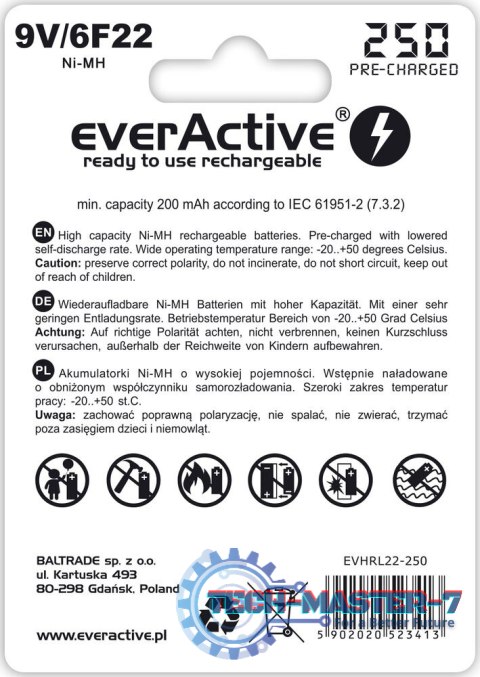Baterie EVERACTIVE NiMH PP3 (9V, 6LR61, 6F22, 6R61) 250mAh Blister EVHRL22-250 Baterie EVERACTIVE NiMH PP3 (9V, 6LR61, 6F22, 6R61) 250mAh Blister EVHRL22-250