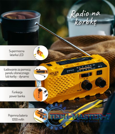 Radio przenośne Adler AD 1197 solarne turystyczne na korbkę biwakowe 3 sposoby ładowania latarka sygnał SOS 1200mAh Radio przenośne Adler AD 1197 solarne turystyczne na korbkę biwakowe 3 sposoby ładowania latarka sygnał SOS 1200mAh