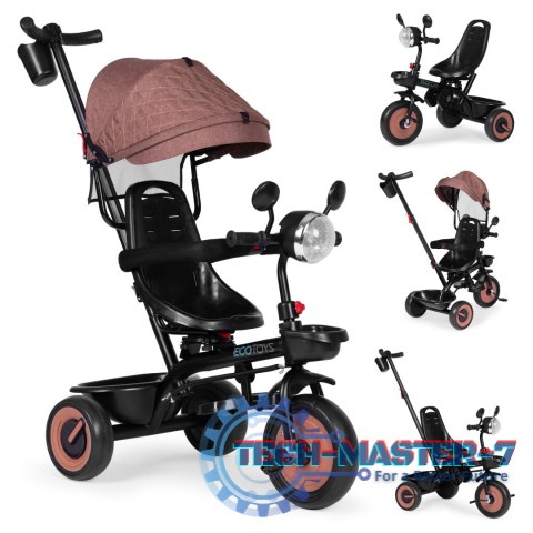 Rowerek trójkołowy dla dzieci spacerówka 3w1 obracane siedzisko daszek brązowy ECOTOYS ECOTOYS