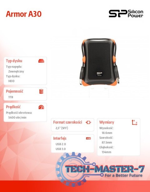 ARMOR A30 1TB USB 3.0 BLACK-ORANGE / PANCERNY / wstrząsoodporny ARMOR A30 1TB USB 3.0 BLACK-ORANGE / PANCERNY / wstrząsoodporny