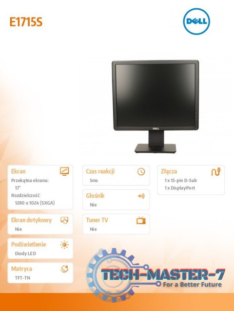 Monitor E1715S 17 cali LCD TN (1280x1024)/5:4/VGA/DP/3Y PPG Monitor E1715S 17 cali LCD TN (1280x1024)/5:4/VGA/DP/3Y PPG
