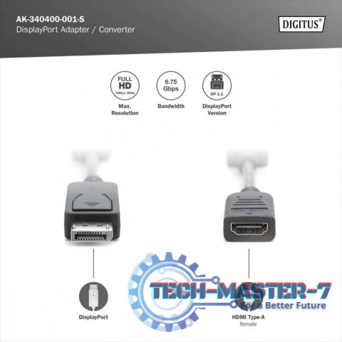 Kabel adapter Displayport z zatrzaskiem 1080p 60Hz FHD Typ DP/HDMI A M/Ż czarny 0,15m Kabel adapter Displayport z zatrzaskiem 1080p 60Hz FHD Typ DP/HDMI A M/Ż czarny 0,15m