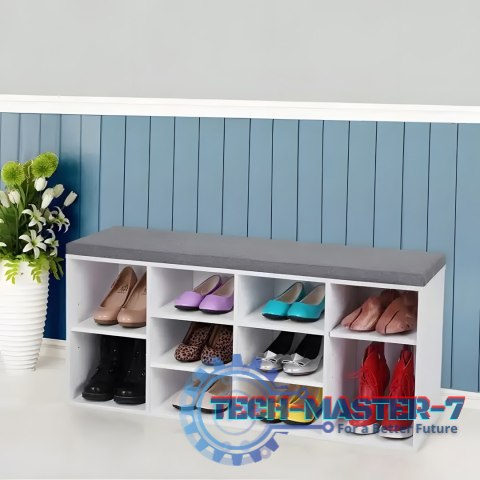 Szafka na buty z szarą poduszką 10 półek biała ModernHome Szafka na buty z szarą poduszką 10 półek biała ModernHome
