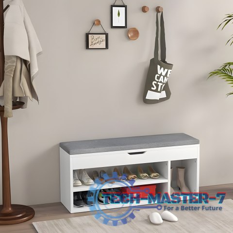 Szafka na buty z szarą poduszką i otwieranym siedziskiem 3 półki biała ModernHome Szafka na buty z szarą poduszką i otwieranym siedziskiem 3 półki biała ModernHome