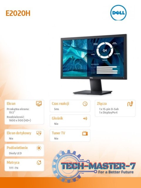 Monitor E2020H 19.5 cali LED TN (1600x900) /16:9/VGA/DP 1.2/5Y PPG Monitor E2020H 19.5 cali LED TN (1600x900) /16:9/VGA/DP 1.2/5Y PPG
