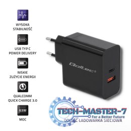 Ładowarka sieciowa | 63W | 5-20V | 1.5-3A | USB typ C PD | USB QC 3.0 | Czarna
