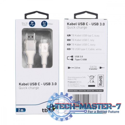 Kabel USB 3.0 - USB C 2m PREMIUM 3A biały TPE