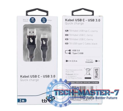 Kabel USB 3.0 - USB C 2m PREMIUM 3A czarny TPE