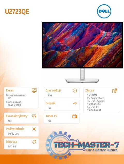 Monitor U2723QE 27 cali IPS LED 4K (3840x2160) /16:9/HDMI/2xDP/3xUSB-C/4xUSB 3.2/RJ-45/3Y AES&PPG Monitor U2723QE 27 cali IPS LED 4K (3840x2160) /16:9/HDMI/2xDP/3xUSB-C/4xUSB 3.2/RJ-45/3Y AES&PPG