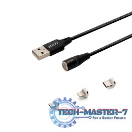 Kabel magnetyczny USB - USB typ C, Micro i Lightning, czarny, 1m, CL-152