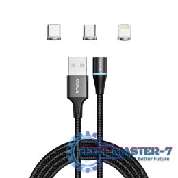 Kabel magnetyczny USB - USB typ C, Micro i Lightning, czarny, 1m, CL-152