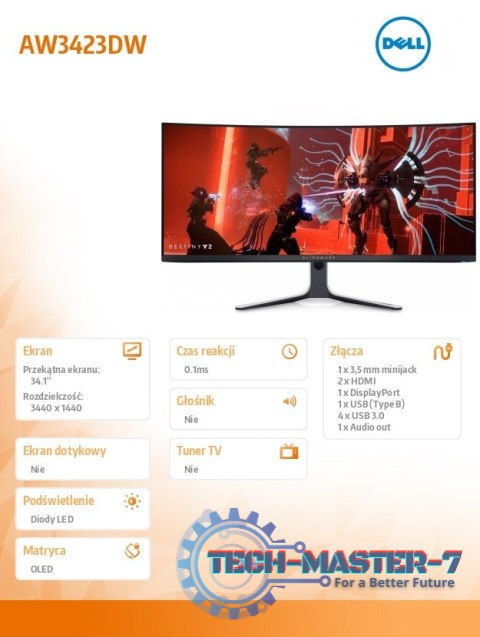 Monitor Alienware AW3423DW 34.1 cali Curved NVIDIA G-Sync Ultimate 175Hz OLED QHD (3440x1440) /21:9/DP/2xHDMI/5xUSB 3.2/3Y AES&P Monitor Alienware AW3423DW 34.1 cali Curved NVIDIA G-Sync Ultimate 175Hz OLED QHD (3440x1440) /21:9/DP/2xHDMI/5xUSB 3.2/3Y AES&P