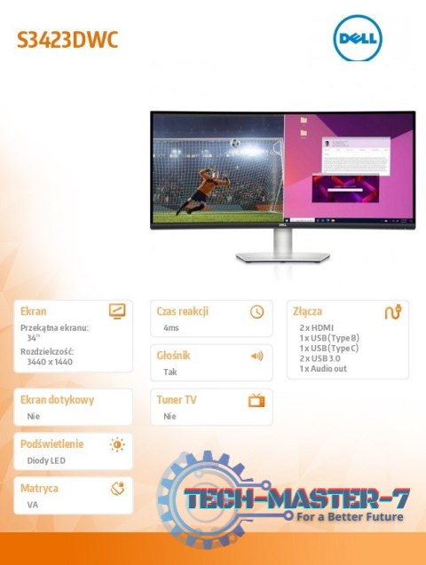 Monitor S3423DWC 34 cali Curved AMD FreeSync VA LED 100Hz WQHD (3440x1440)/2xHDMI/USB-C/USB/Anti-glare 3H hardness/3Y AES&PPE Monitor S3423DWC 34 cali Curved AMD FreeSync VA LED 100Hz WQHD (3440x1440)/2xHDMI/USB-C/USB/Anti-glare 3H hardness/3Y AES&PPE