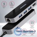 HMC-6GL Wieloportowy hub USB 6in1, 5Gbps, 3x USB-A, HDMI 4K/30Hz, GLAN, PD 100W, 20cm USB-C kabel