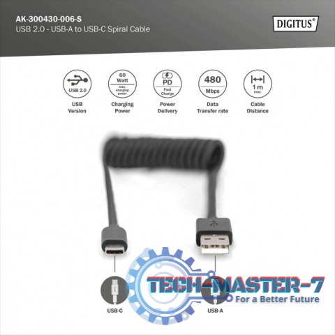 Kabel spiralny USB A/USB C, USB 2.0, PD 60W, max. 1m Czarny Kabel spiralny USB A/USB C, USB 2.0, PD 60W, max. 1m Czarny
