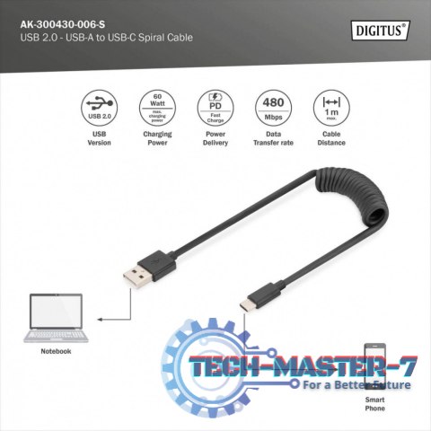Kabel spiralny USB A/USB C, USB 2.0, PD 60W, max. 1m Czarny Kabel spiralny USB A/USB C, USB 2.0, PD 60W, max. 1m Czarny