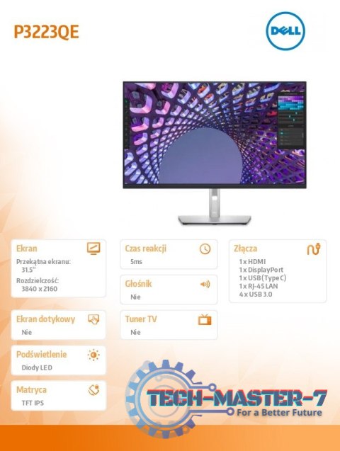 Monitor P3223QE 31.5 cala IPS LED 4K (3840x2160)/16:9/HDMI/DP/USB-C/ 4xUSB/RJ45/3Y Monitor P3223QE 31.5 cala IPS LED 4K (3840x2160)/16:9/HDMI/DP/USB-C/ 4xUSB/RJ45/3Y