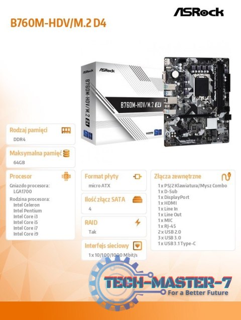 Płyta główna B760M-HDV/M.2 D4 s1700 2DDR4 DP/HDMI mATX Płyta główna B760M-HDV/M.2 D4 s1700 2DDR4 DP/HDMI mATX