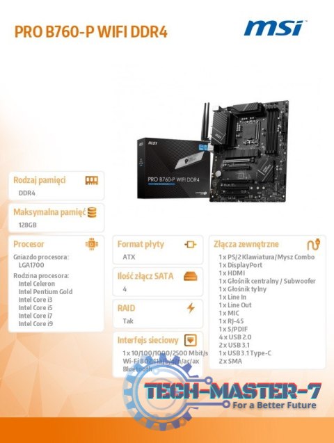 Płyta główna PRO B760-P WIFI DDR4 s1700 4DDR4 DP/HDMI ATX Płyta główna PRO B760-P WIFI DDR4 s1700 4DDR4 DP/HDMI ATX