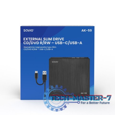 Zewnętrzna nagrywarka typu Slim CD/DVD R/RW, USB-C/USB-A, AK-59 Zewnętrzna nagrywarka typu Slim CD/DVD R/RW, USB-C/USB-A, AK-59