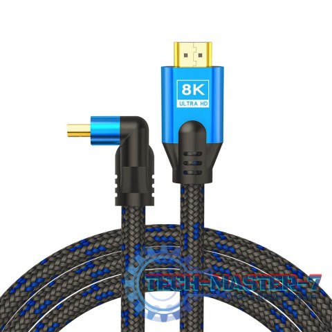 Kabel HDMI (M) v2.1, kątowy, 5m, 8K, miedź, niebiesko-czarny, złote końcówki, ethernet/3D, CL-175