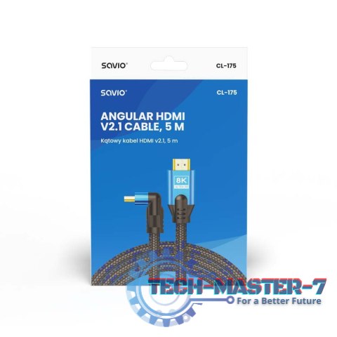Kabel HDMI (M) v2.1, kątowy, 5m, 8K, miedź, niebiesko-czarny, złote końcówki, ethernet/3D, CL-175 Kabel HDMI (M) v2.1, kątowy, 5m, 8K, miedź, niebiesko-czarny, złote końcówki, ethernet/3D, CL-175
