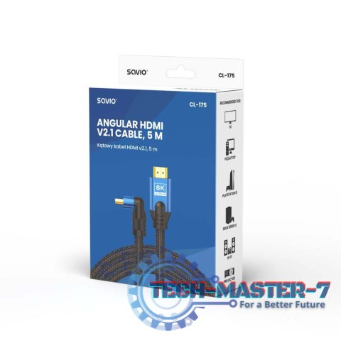 Kabel HDMI (M) v2.1, kątowy, 5m, 8K, miedź, niebiesko-czarny, złote końcówki, ethernet/3D, CL-175 Kabel HDMI (M) v2.1, kątowy, 5m, 8K, miedź, niebiesko-czarny, złote końcówki, ethernet/3D, CL-175