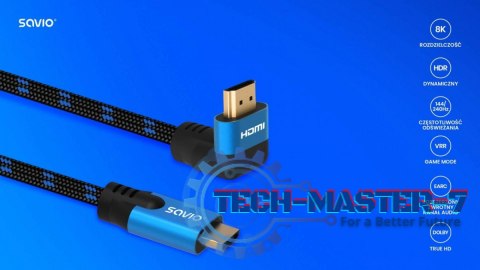Kabel HDMI (M) v2.1, kątowy, 5m, 8K, miedź, niebiesko-czarny, złote końcówki, ethernet/3D, CL-175 Kabel HDMI (M) v2.1, kątowy, 5m, 8K, miedź, niebiesko-czarny, złote końcówki, ethernet/3D, CL-175