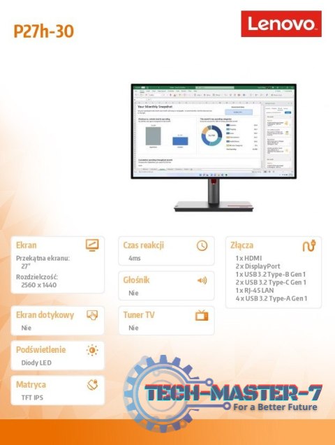 Monitor ThinkVision P27h-30 27 cali 63A1GAT1EU Monitor ThinkVision P27h-30 27 cali 63A1GAT1EU