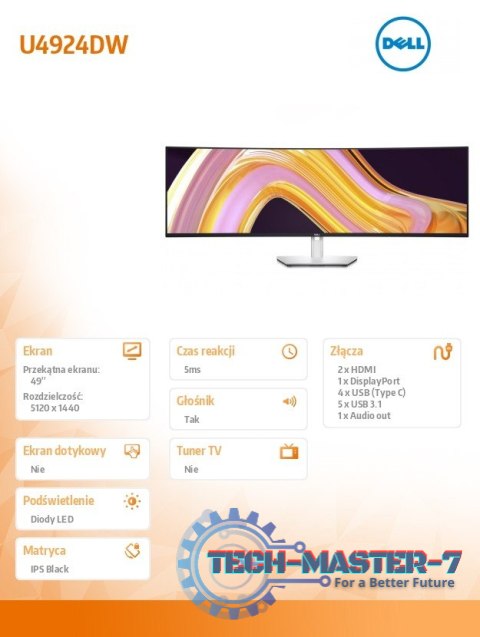 Monitor UltraSharp 49 cali U4924DW LED 5K 32:9 QHD/DP/HDMI/5xUSB Monitor UltraSharp 49 cali U4924DW LED 5K 32:9 QHD/DP/HDMI/5xUSB