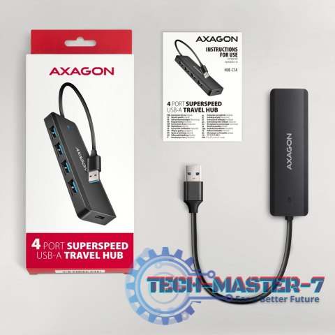 HUE-C1A 4-portowy hub USB 5Gbps Travel, USB-C power IN, kabel Type-A 19cm, USB-C dodatkowe zasilanie HUE-C1A 4-portowy hub USB 5Gbps Travel, USB-C power IN, kabel Type-A 19cm, USB-C dodatkowe zasilanie