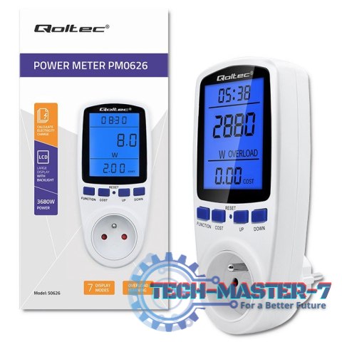 Watomierz licznik zużycia energii PM0626 | 3680W | 16A | LCD Watomierz licznik zużycia energii PM0626 | 3680W | 16A | LCD