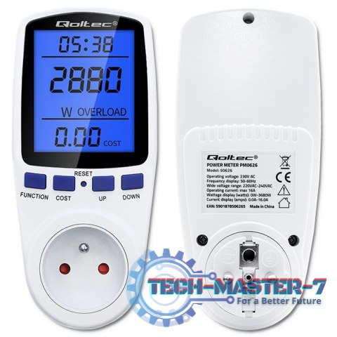 Watomierz licznik zużycia energii PM0626 | 3680W | 16A | LCD Watomierz licznik zużycia energii PM0626 | 3680W | 16A | LCD