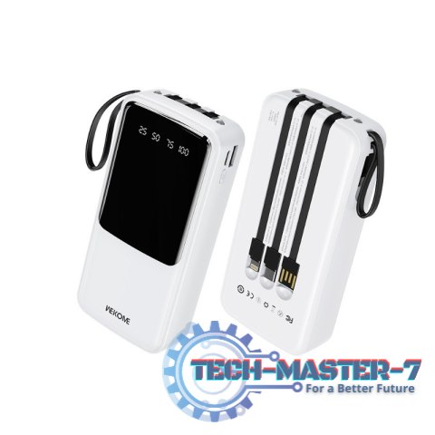 Powerbank 20000 mAh z wbudowanym kablem USB-C / Lightning / Micro USB + USB-A Biały