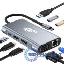 HUB Adapter USB C 8w1 HDMIx2 USB VGA RJ45 PD