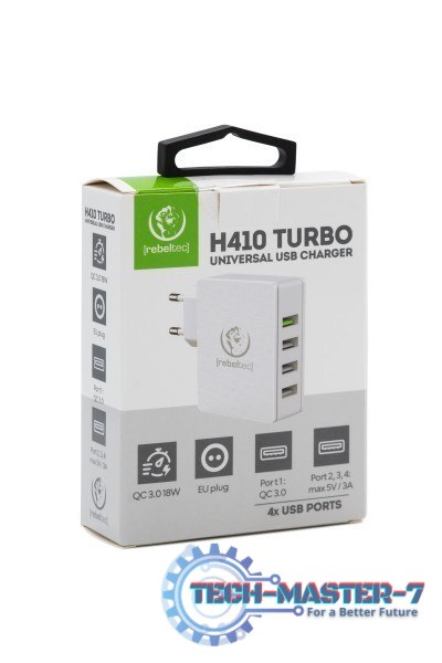 Łarowarka sieciowa H410 TURBO QC3.0 4 porty Wejście sieciowe 100-240V 50/60Hz, maksymalny pobór prądu 0,7A, jeden port USB zgodn Łarowarka sieciowa H410 TURBO QC3.0 4 porty Wejście sieciowe 100-240V 50/60Hz, maksymalny pobór prądu 0,7A, jeden port USB zgodn