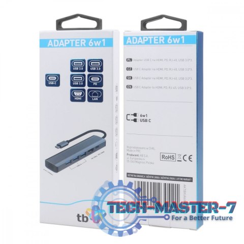 Adapter HUB USB C 6w1 - HDMI, USBx3, PD, RJ-45