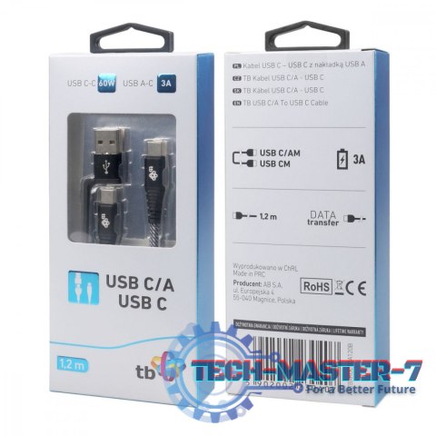 Kabel 2w1: USB C - USB C z nakładką USB A, 1.2 m