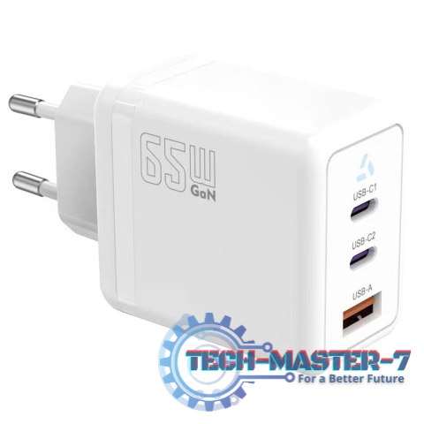 Ładowarka sieciowa 2x USB C + USB A Power Delivery biała, GaN 65W