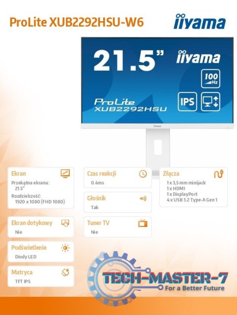 Monitor 21.5 cala ProLite XUB2292HSU-W6 IPS,100Hz,FreeSync,PIVOT,0.4ms,HDMI, DP,4xUSB(3.2),2x2W,HAS(150mm), Biały Monitor 21.5 cala ProLite XUB2292HSU-W6 IPS,100Hz,FreeSync,PIVOT,0.4ms,HDMI, DP,4xUSB(3.2),2x2W,HAS(150mm), Biały