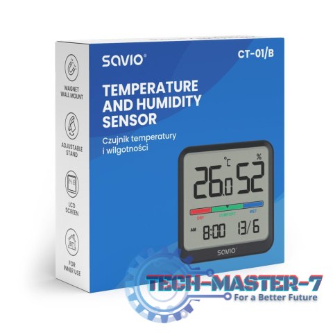 Czujnik temperatury i wilgotności, do użytku wewnętrznego, ekran LCD, zegar, data, uchwyt z magnesem, CT-01/B Czarny Czujnik temperatury i wilgotności, do użytku wewnętrznego, ekran LCD, zegar, data, uchwyt z magnesem, CT-01/B Czarny