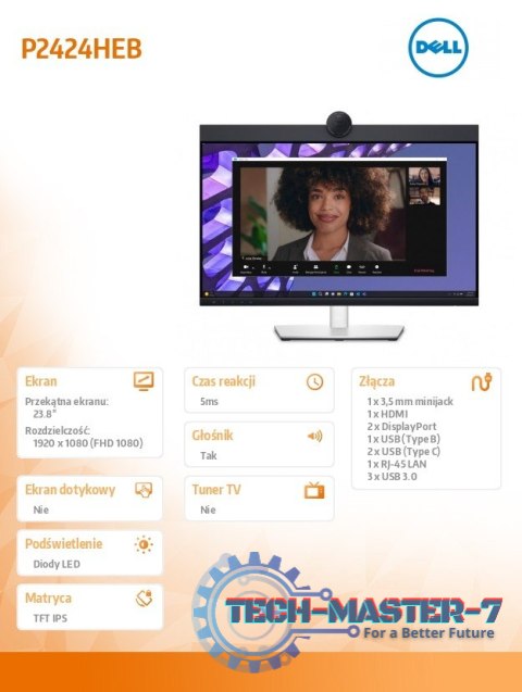 Monitor P2424HEB 23.8 cala LED IPS Full HD (1920 x1080)/16:9/HDMI/DP/ RJ-45/Kamera/Głośniki/Mikrofon/3YPPG Monitor P2424HEB 23.8 cala LED IPS Full HD (1920 x1080)/16:9/HDMI/DP/ RJ-45/Kamera/Głośniki/Mikrofon/3YPPG