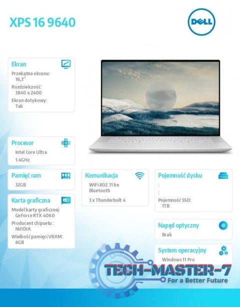 Notebook XPS 16 9640/Ultra 7 155H/32GB/1TB SSD/16.3 UHD+ Touch/GeForce RTX 4060/WLAN + BT/Backlit Kb/6 Cell/W11Pro Notebook XPS 16 9640/Ultra 7 155H/32GB/1TB SSD/16.3 UHD+ Touch/GeForce RTX 4060/WLAN + BT/Backlit Kb/6 Cell/W11Pro